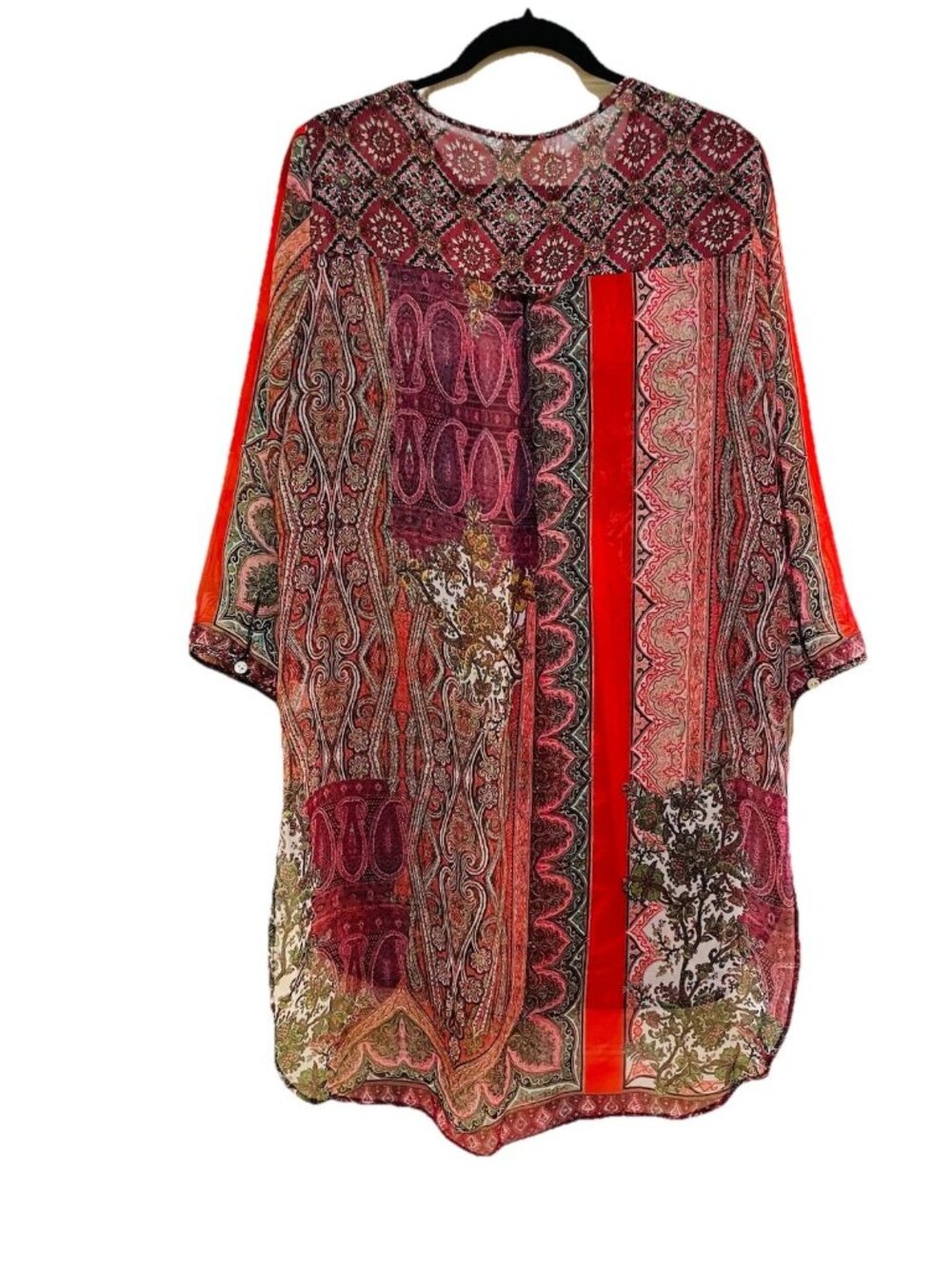 FIG & FLOWER ANTHROPOLOGIE Multicolor Sheer Boho 3/4 Length Tunic Shirt Sz L - Picture 8 of 8